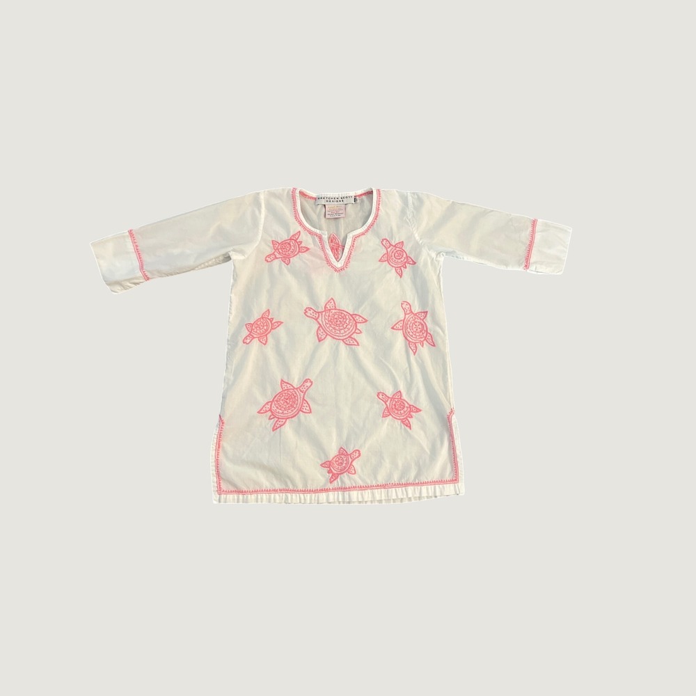 Gretchen Scott Designs White Pink Sea Turtle Embroidered Cotton Tunic Top 6/8